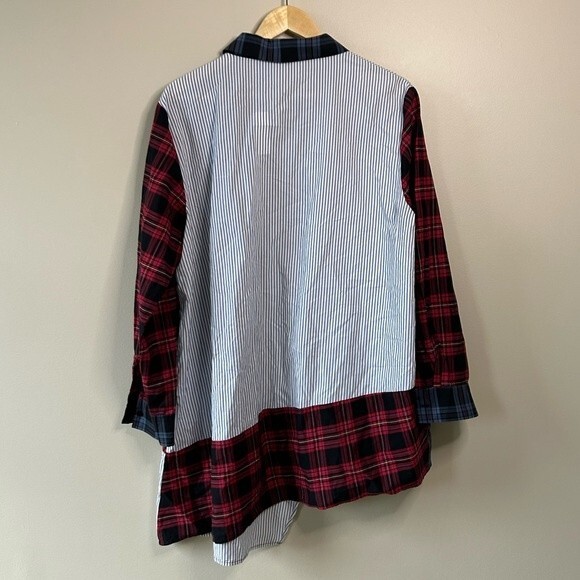 Zara Patchwork Multicolor Plaid Asymetrical Hem Button Down Shirt 2XL - Picture 5 of 6